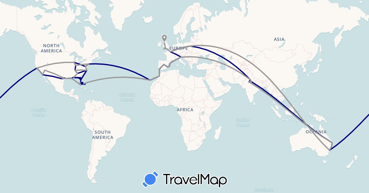 TravelMap itinerary: driving, plane in Australia, Bahamas, Spain, France, United Kingdom, India, Italy, Morocco, Poland, Portugal, United States (Africa, Asia, Europe, North America, Oceania)